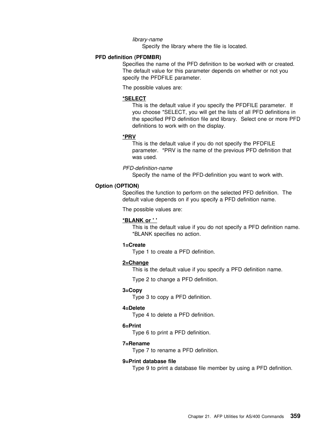 IBM AS/400 manual PFD definition Pfdmbr, PFD-definition-name, =Print database file 