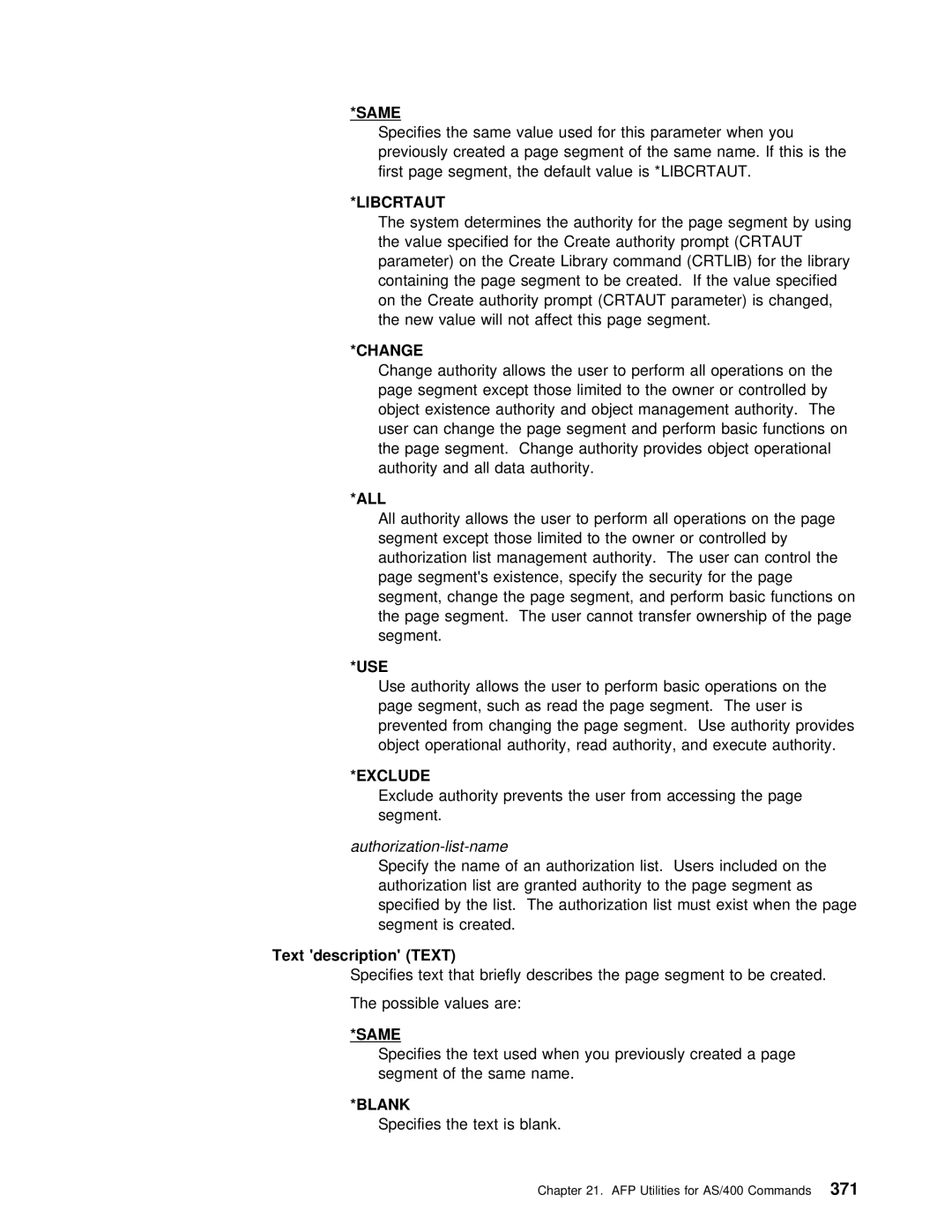 IBM AS/400 Crtaut, Parameter Change New Value Will Not Affect This Segment, Authorization-list-name, Text description Text 