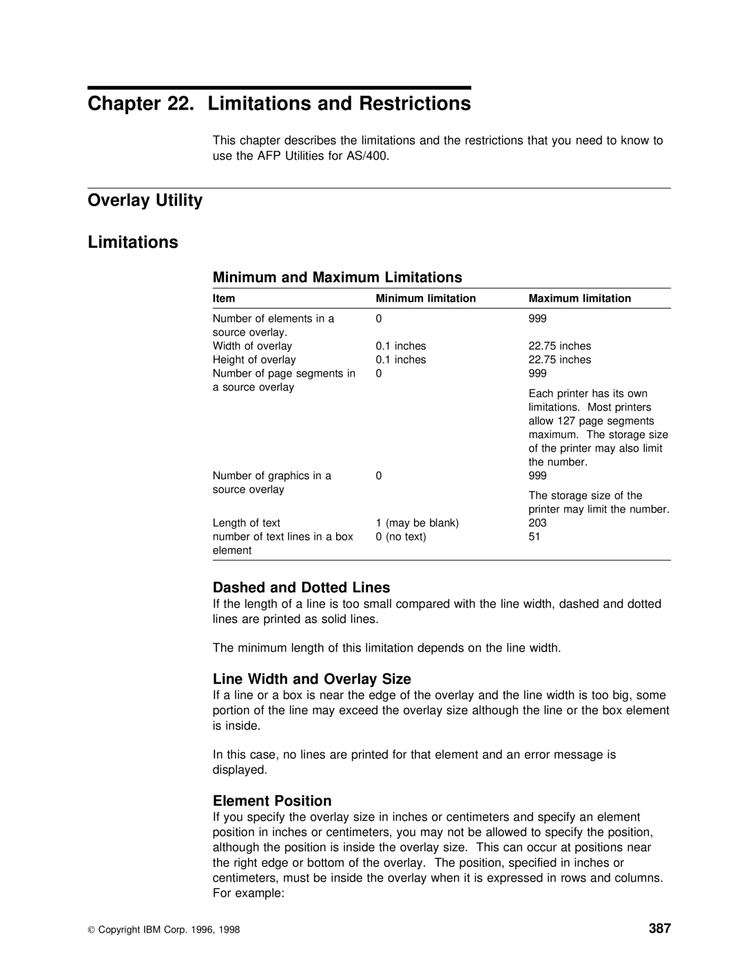 IBM AS/400 manual Limitations and Restrictions, Overlay Utility Limitations, Dotted Lines, Overlay Size, 387 