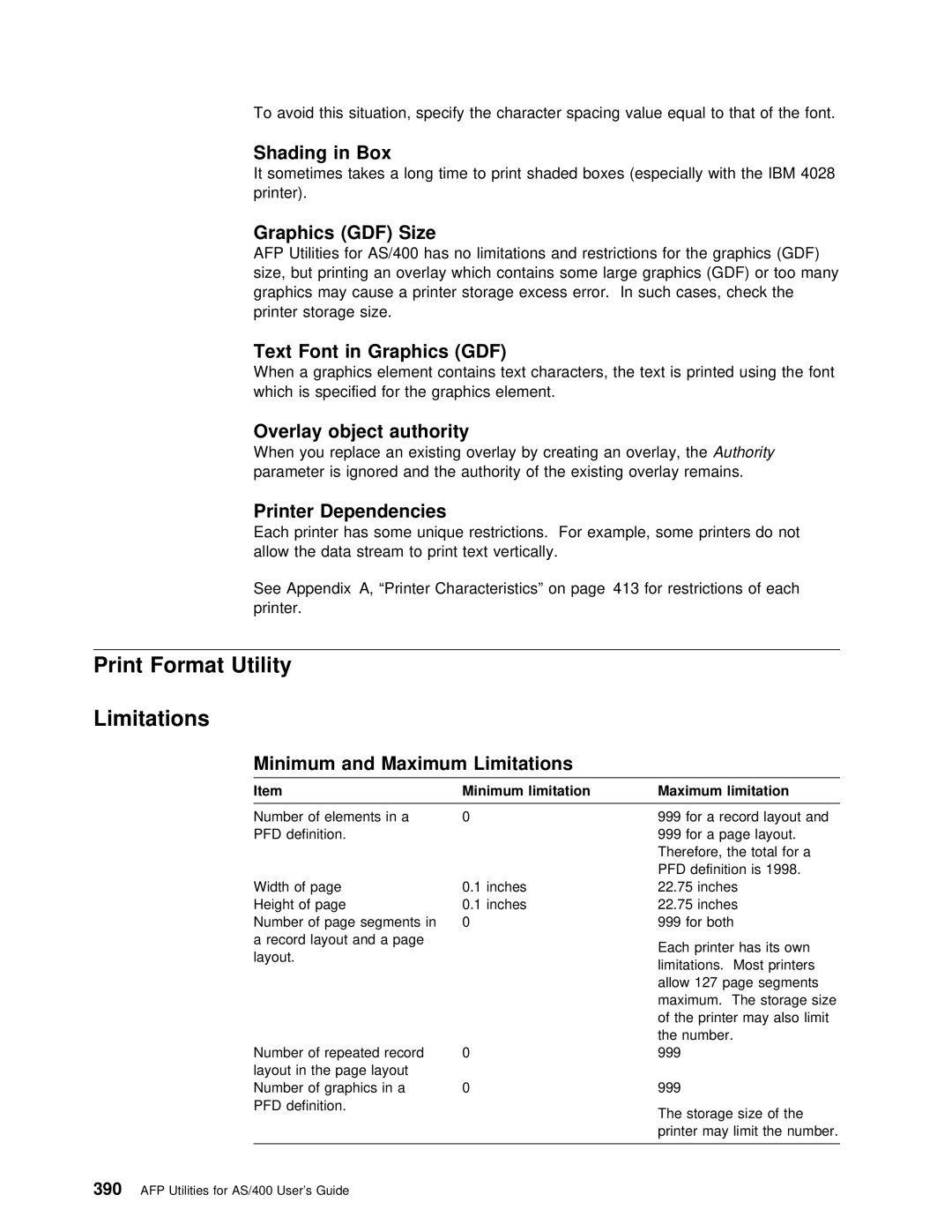 IBM AS/400 manual Print Format Utility Limitations 