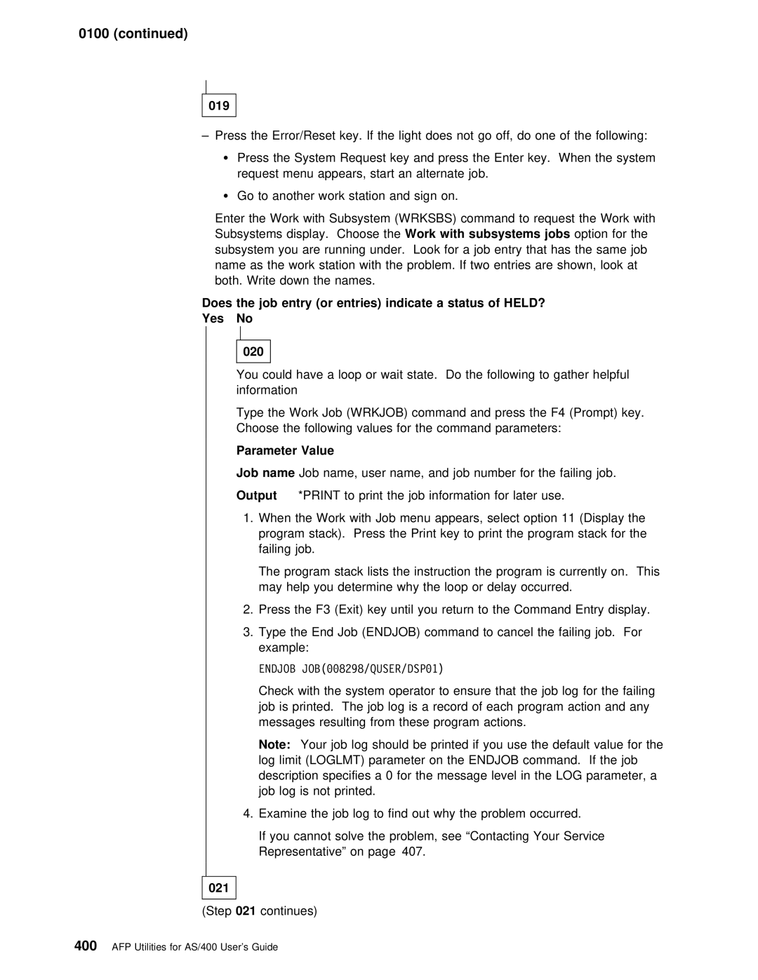 IBM AS/400 manual 019, Does Job, Indicate a Status HELD? Yes 020, Parameter Value, 021 