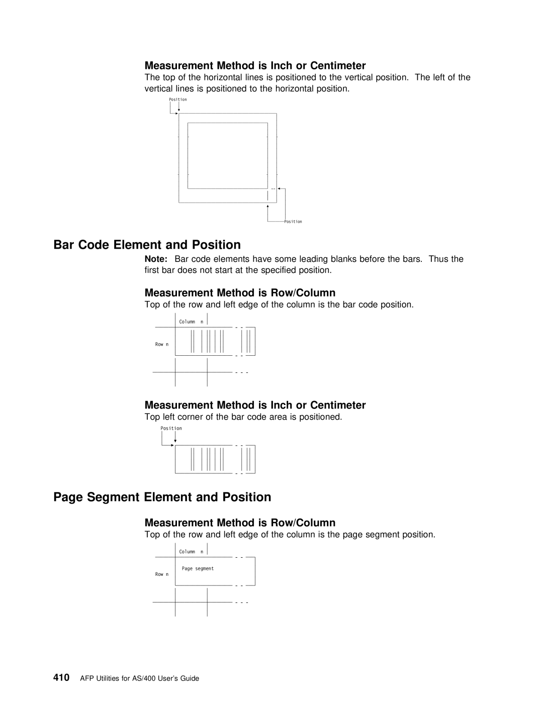 IBM AS/400 manual Segment Element and Position, Bar Code Element, Measurement Method is Inch or Centimeter 