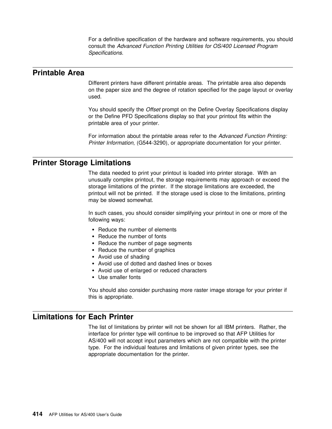 IBM AS/400 manual Printable Area, Printer Storage Limitations, Limitations for Each Printer 