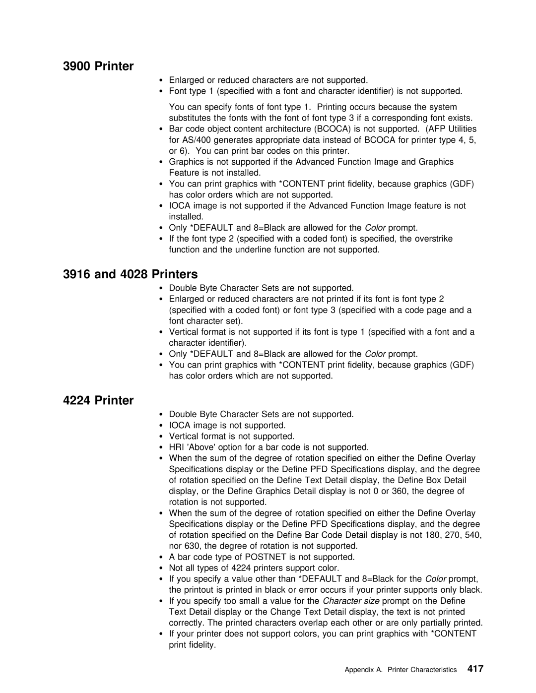 IBM AS/400 manual Printers, Has Color Orders which Are Not Supported, Double Byte Character Sets are not Supported, Hri 