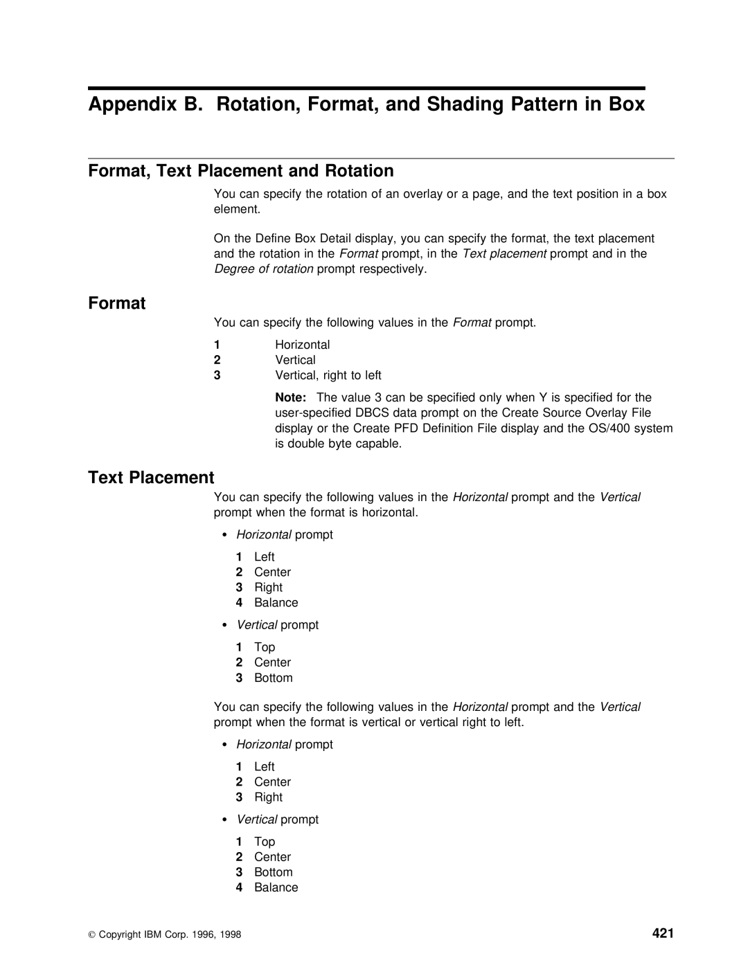 IBM AS/400 manual Appendix B. Rotation, Format, and Shading Pattern in Box, Format, Text Placement and Rotation, 421 