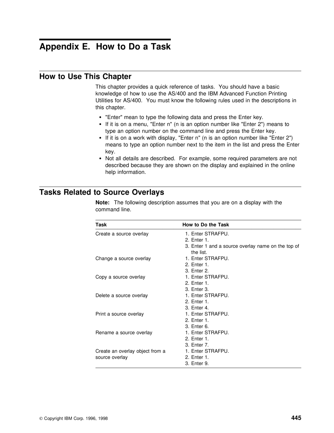 IBM AS/400 manual Appendix E. How to Do a Task, How to Use This Chapter, Tasks Related to Source Overlays, 445, Task How to 