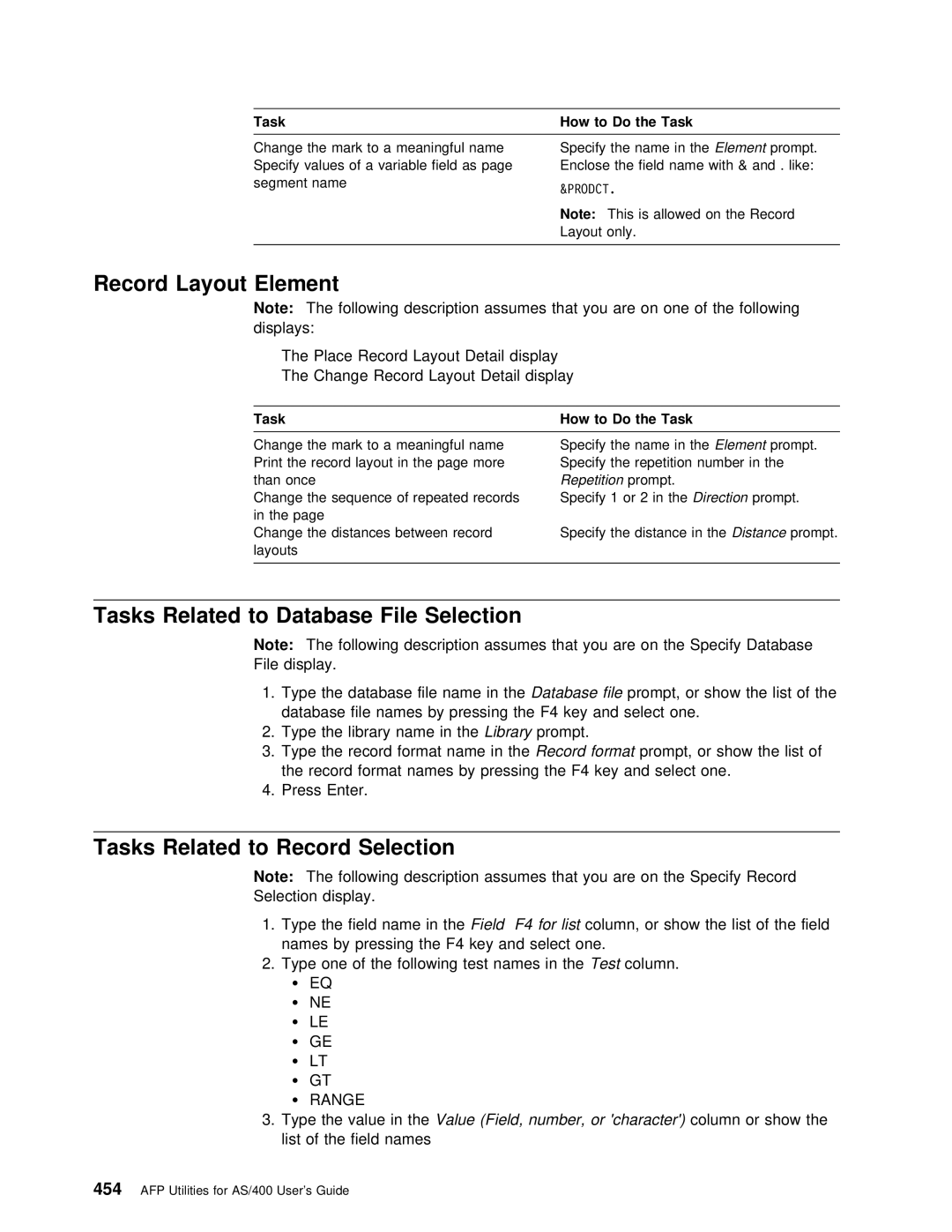 IBM AS/400 manual Record Layout Element, Tasks Related to Record Selection, Range 