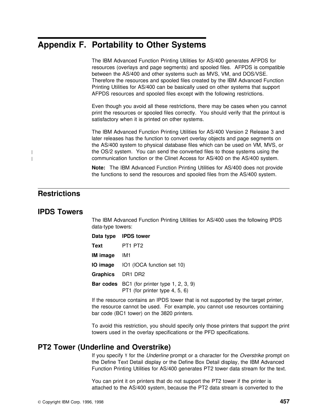 IBM AS/400 manual Appendix F. Portability to Other Systems, Restrictions Ipds Towers, Overstrike, PT2 Tower Underline, 457 