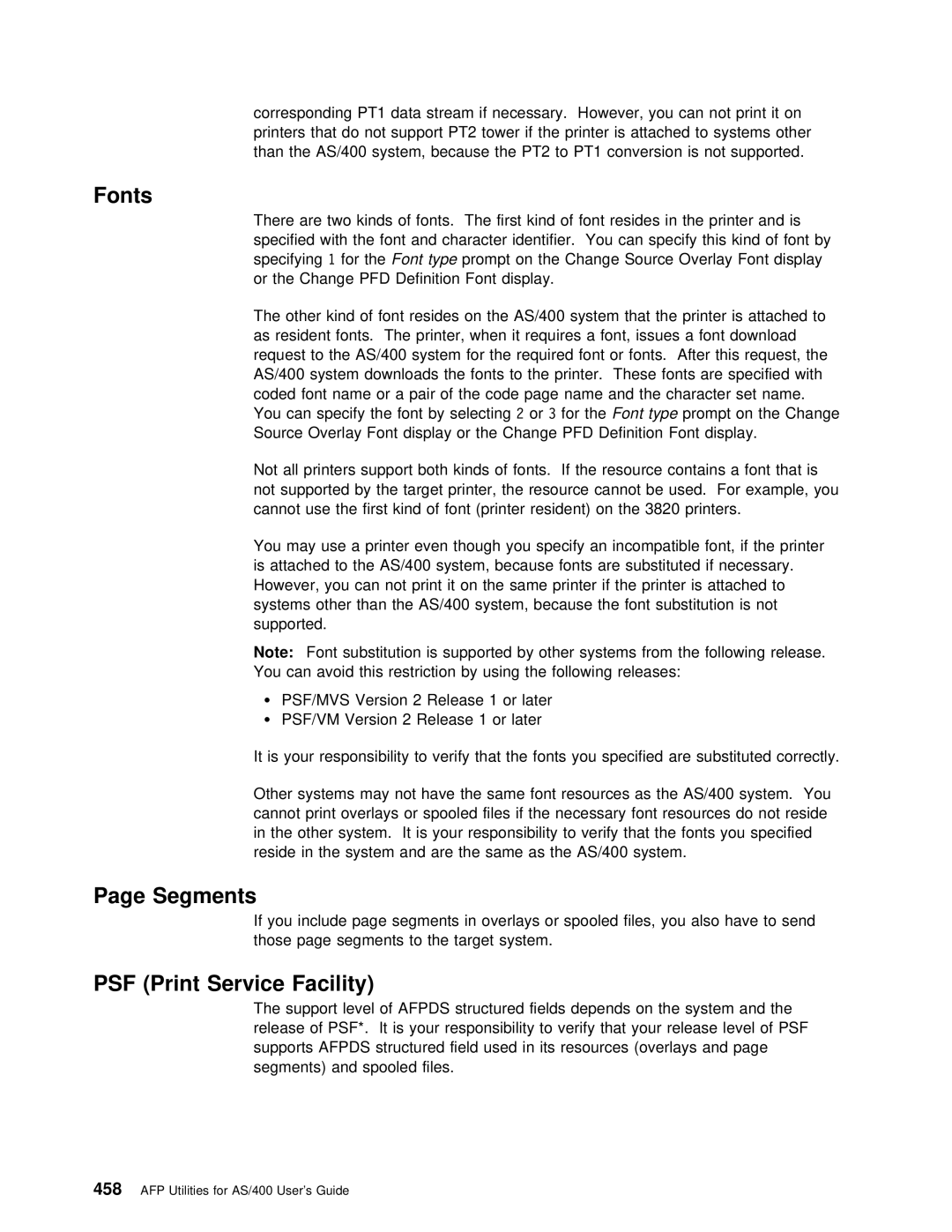 IBM AS/400 manual Fonts, Segments, PSF Print Service Facility 