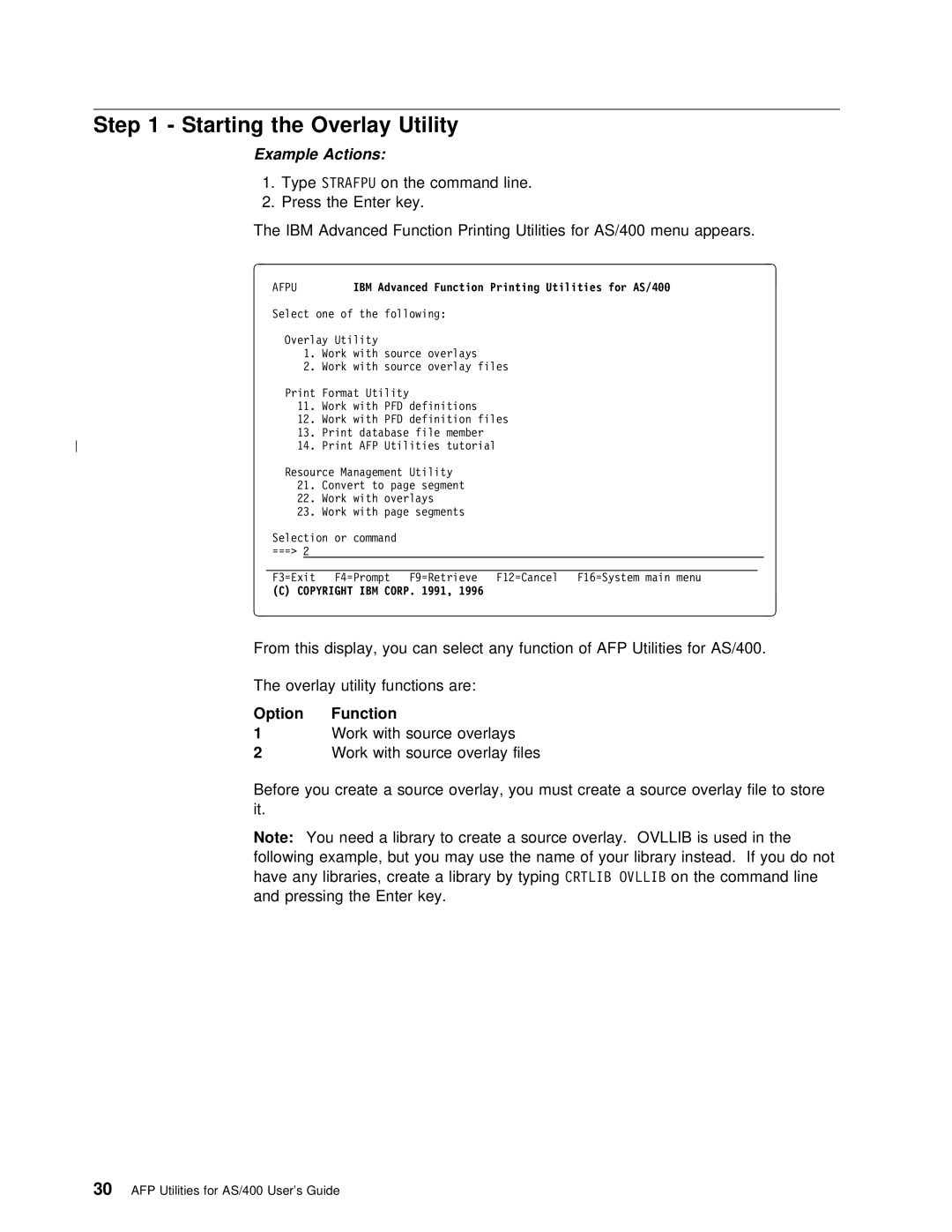 IBM AS/400 manual Starting the Overlay Utility, Option Function, Line Pressing the Enter key 