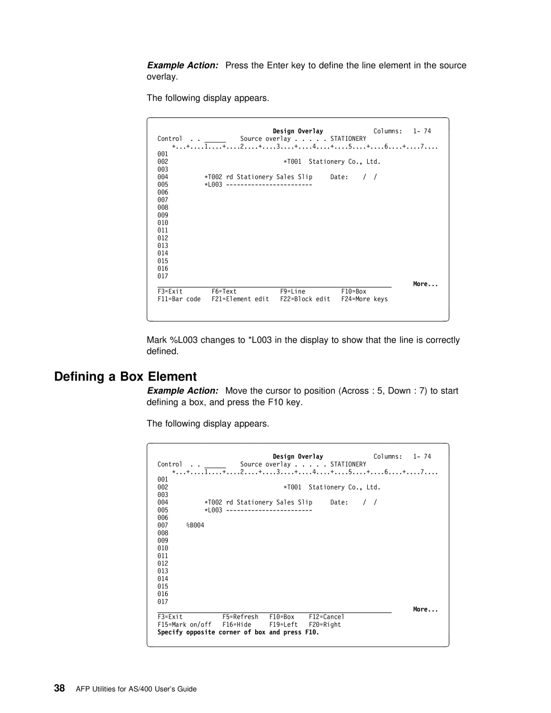 IBM AS/400 manual Defining a Box Element, Changes to *L003 Display Show That Line Corr Defined 