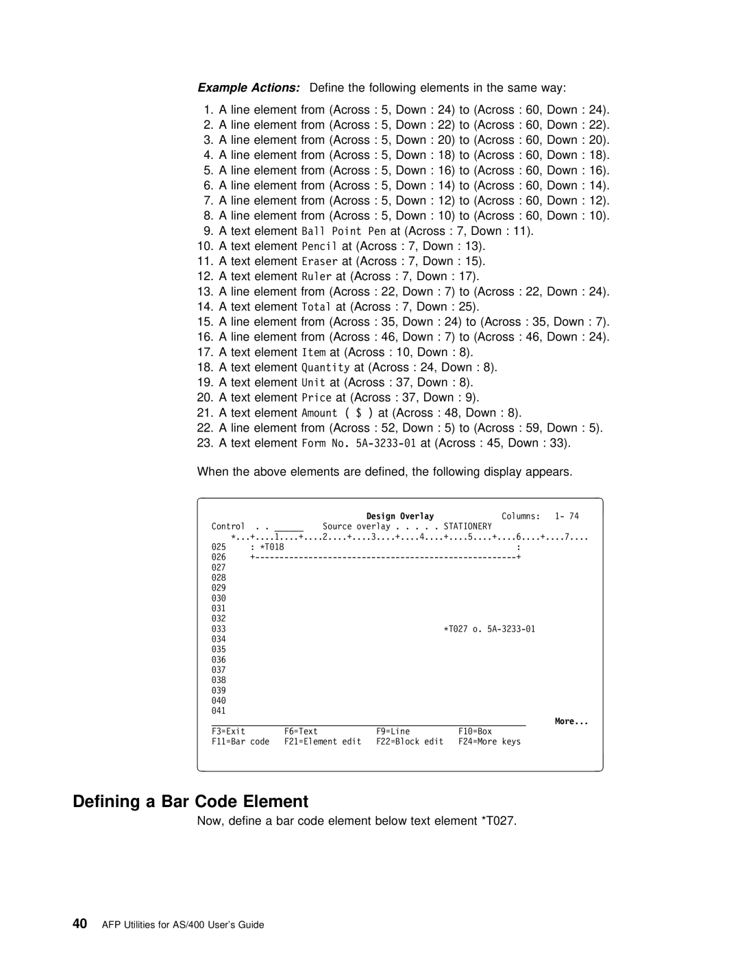 IBM AS/400 manual Defining a Bar Code Element 