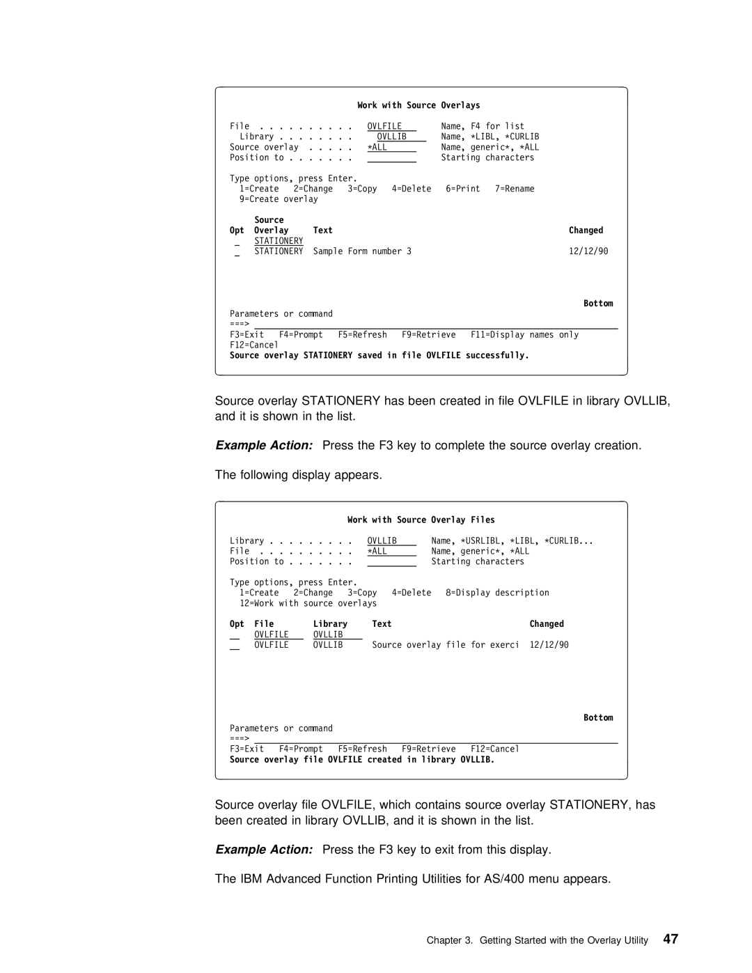 IBM AS/400 manual Source overlay file OVLFILE, which Contains Overlay, Opt File 