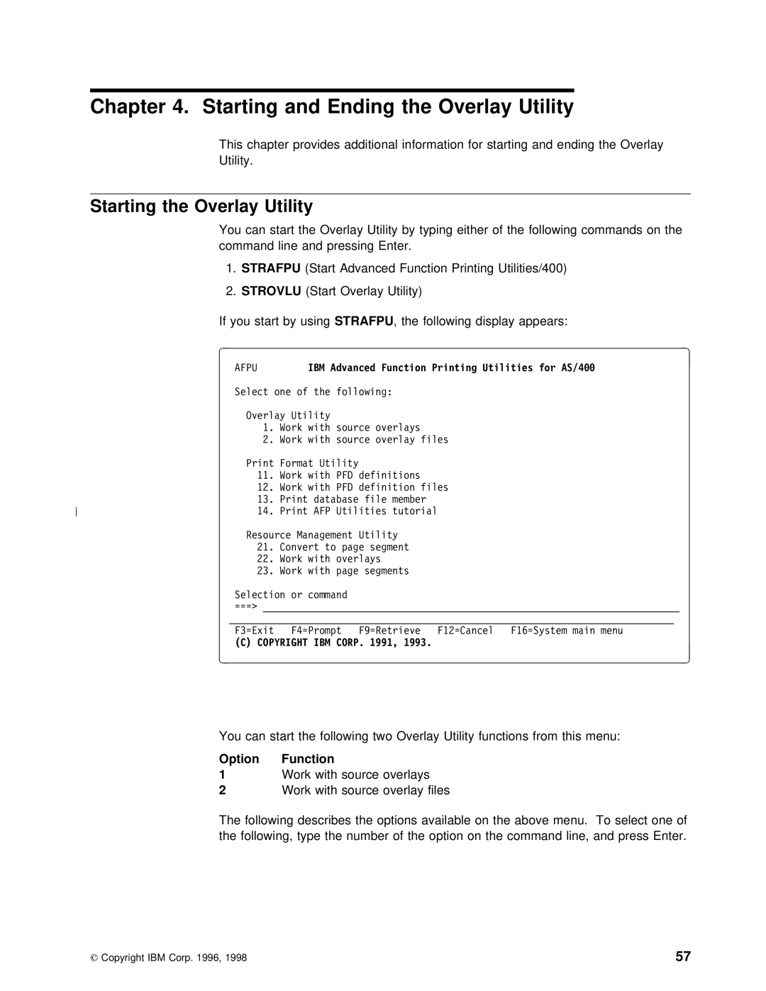 IBM AS/400 manual Starting and Ending the Overlay Utility, Option, Copyright IBM Corp 