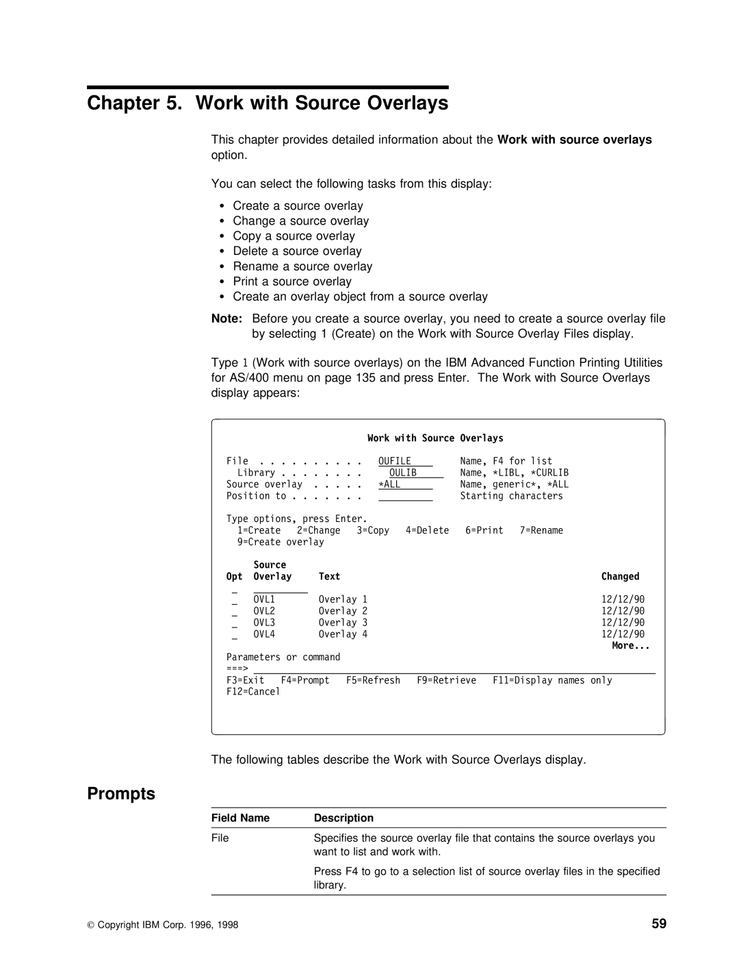 IBM AS/400 manual Work with Source Overlays, Prompts, Source Opt Overlay Text Changed, More 