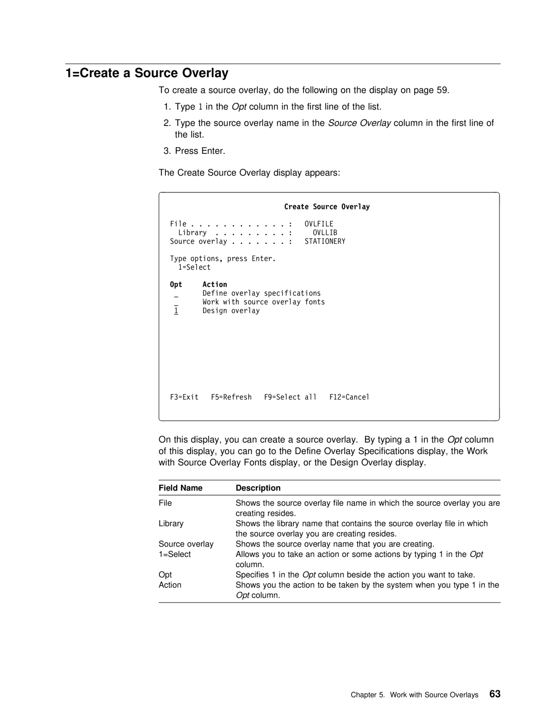 IBM AS/400 manual Create Source Overlay Following Display Type1, First line List Type Source Overlay, Opt Action, Field 