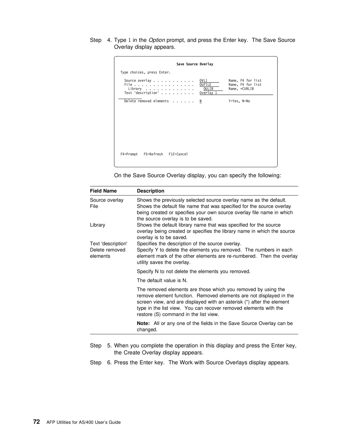 IBM AS/400 manual Save Source Overlay Display You can Specify Followi 