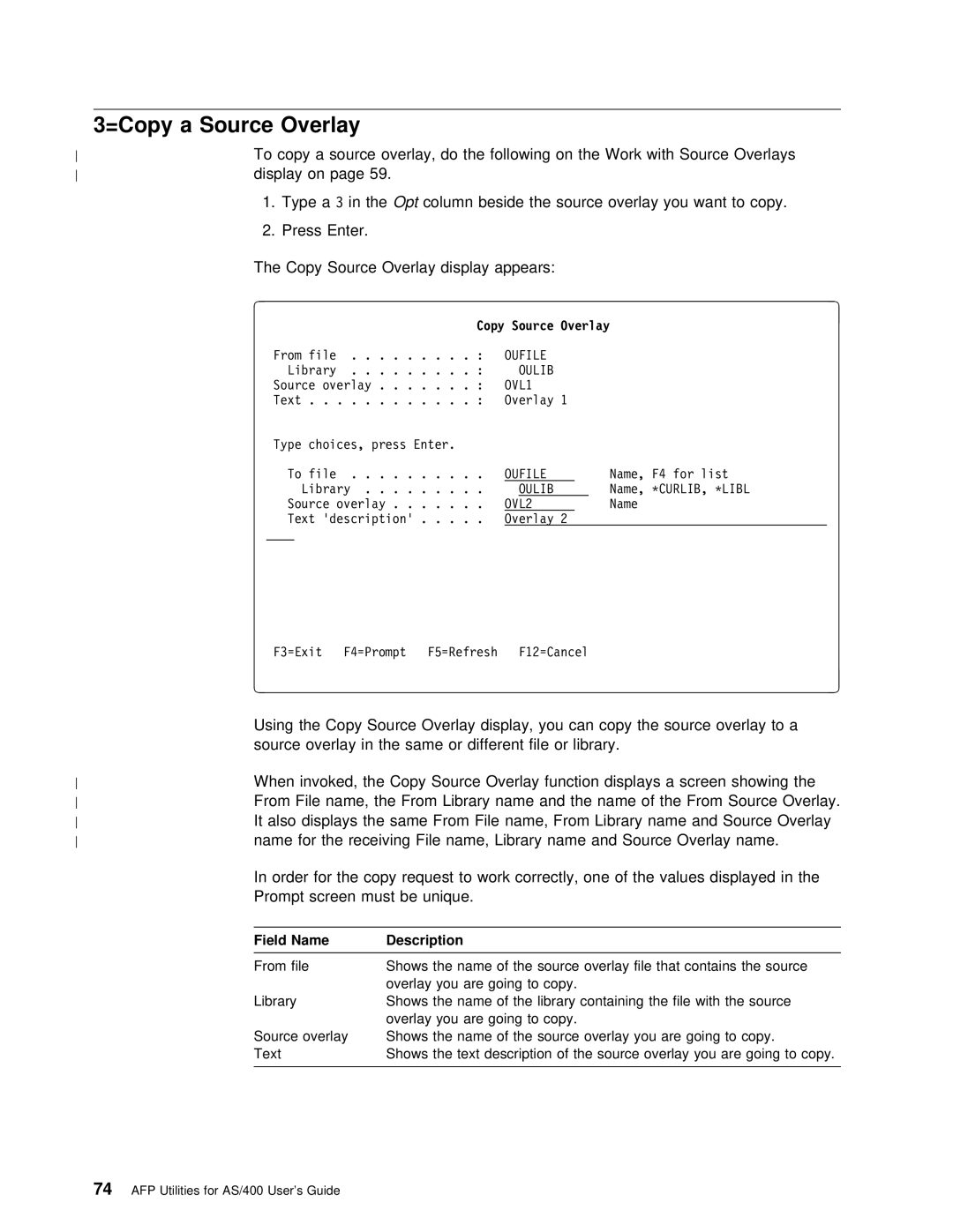 IBM AS/400 manual For Receiving File, Copy Source Overlay 