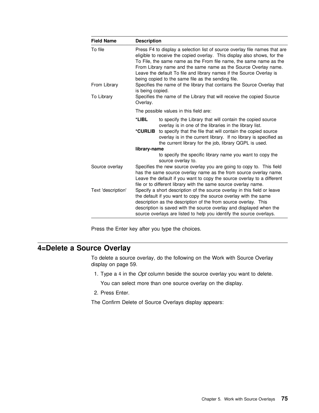 IBM AS/400 =Delete a Source Overlay, Press Enter Key After You Type Choices, Delete Source Overlay Following Work with 