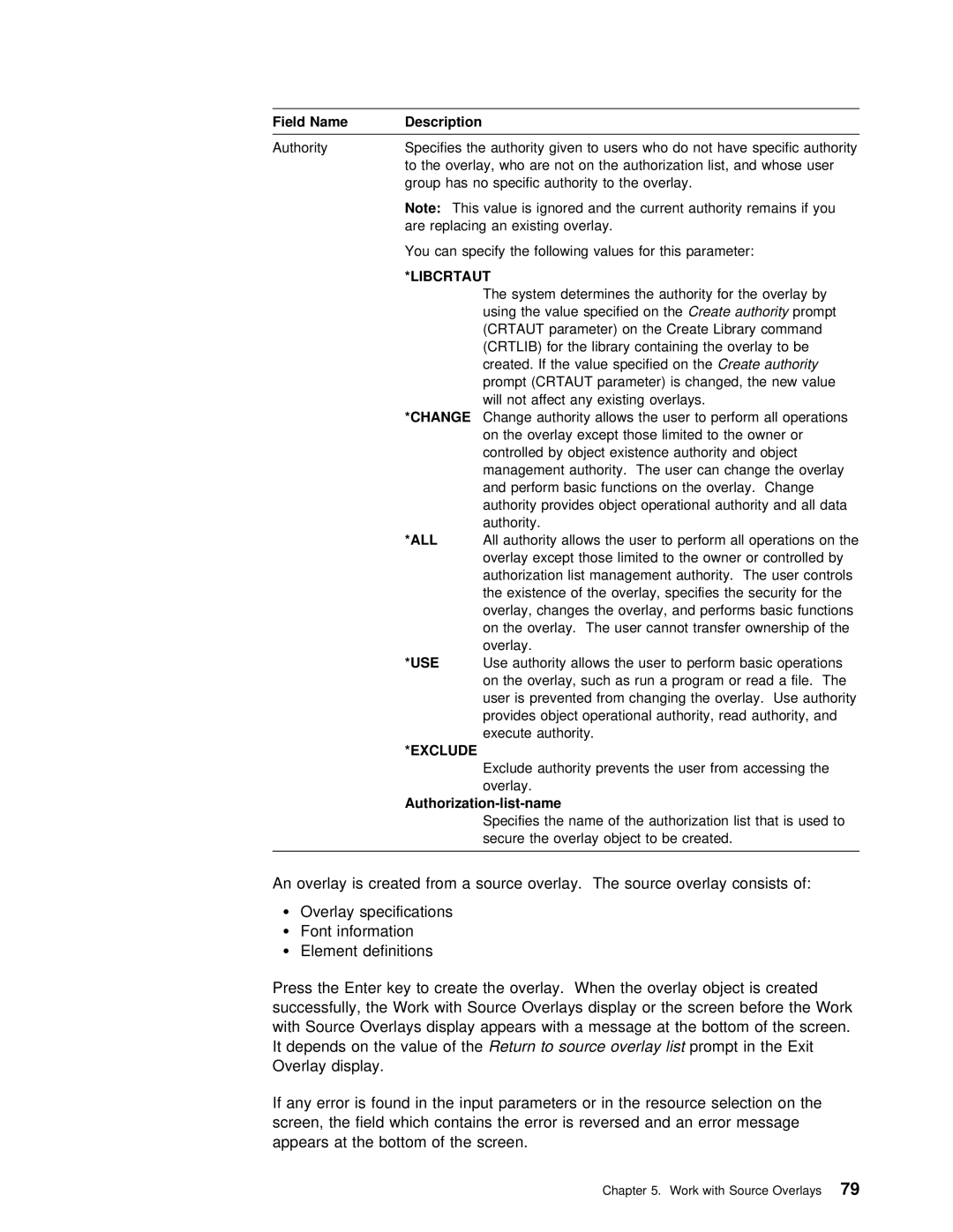 IBM AS/400 manual ValueReturnof tothesource overlaypromptlistin, Authorization-list-name 