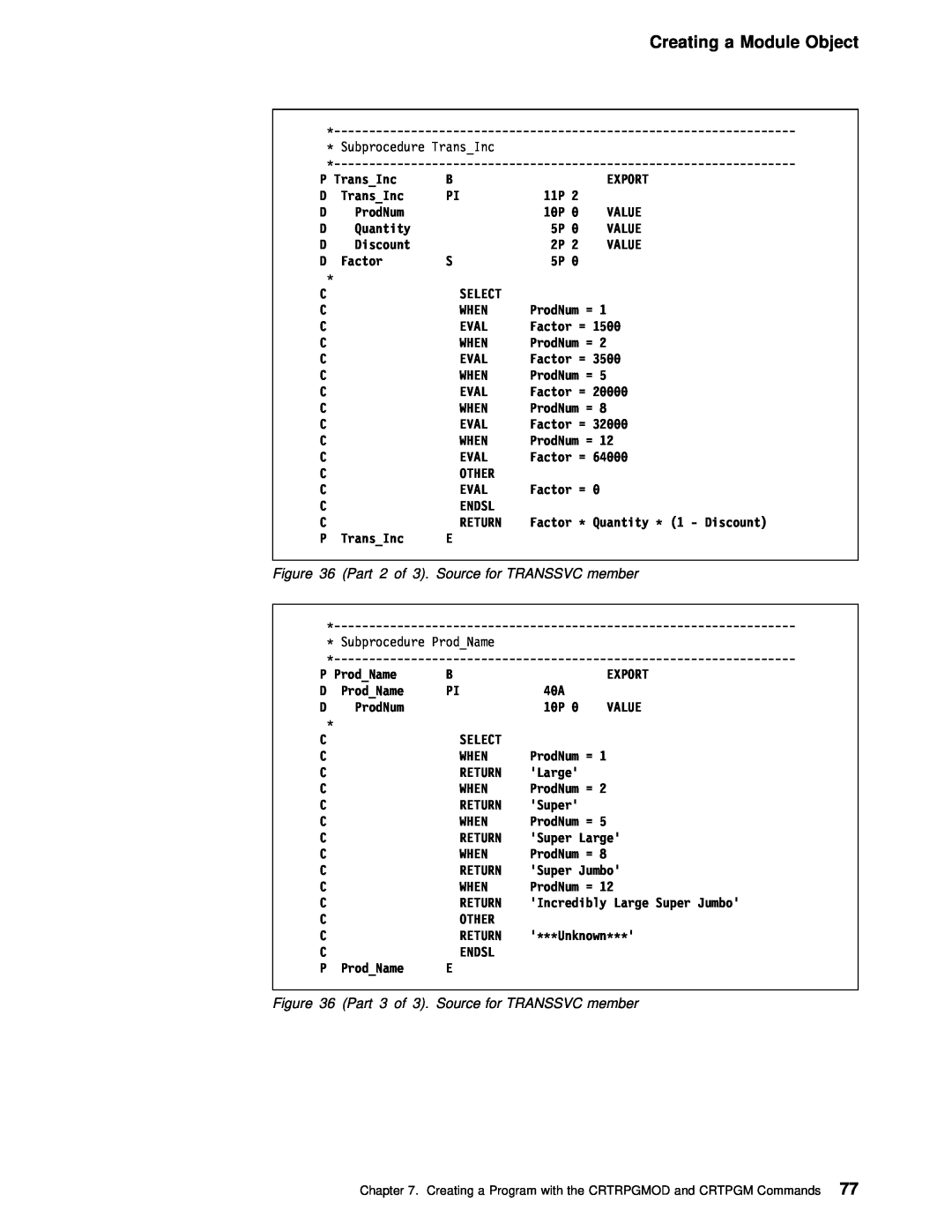 IBM AS/400 manual Creating a Module Object, Part, Source for TRANSSVC member 