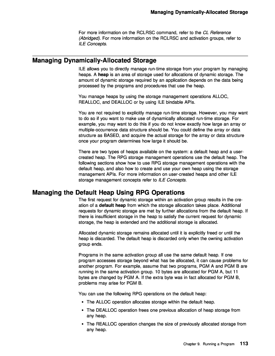 IBM AS/400 manual Managing the Default Heap Using RPG Operations, Managing Dynamically-Allocated, Storage 