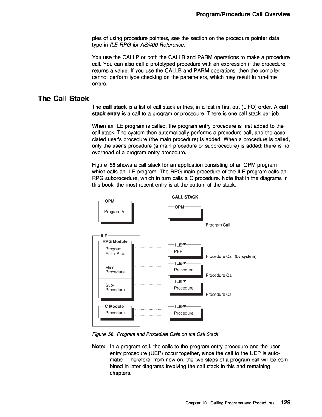 IBM AS/400 manual The Call Stack, Program/Procedure Call Overview, The call stack 