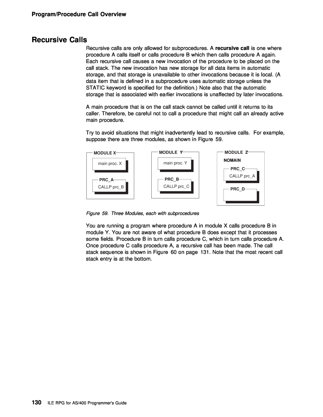 IBM AS/400 manual Recursive Calls, Program/Procedure Call Overview, Three Modules, each with subprocedures 