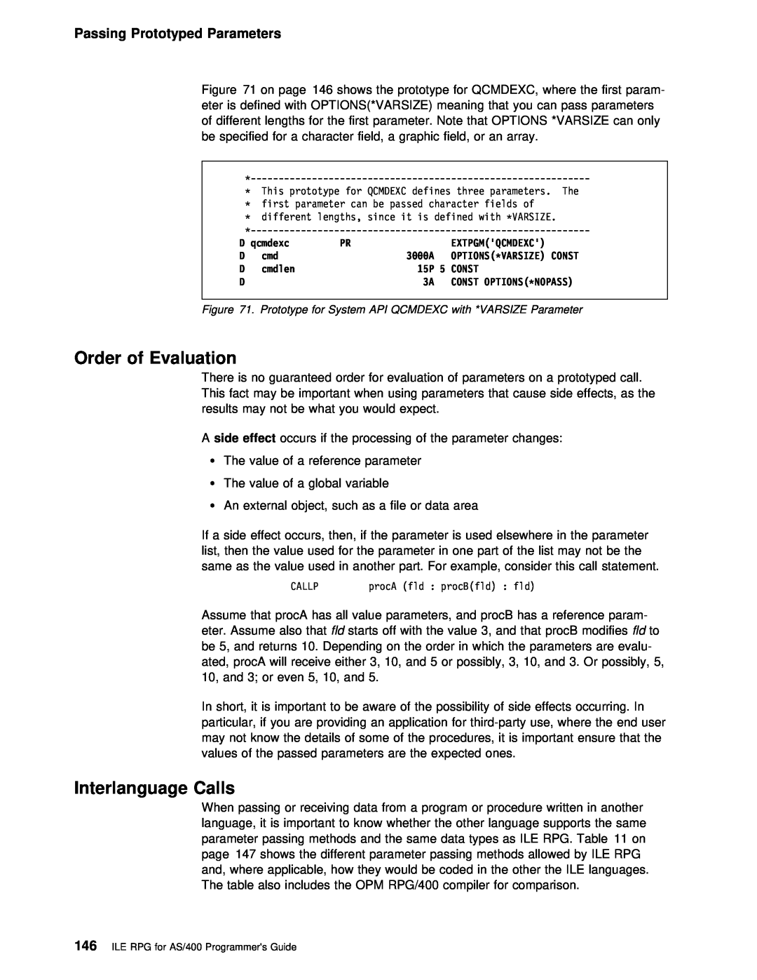 IBM AS/400 manual Order of Evaluation, Interlanguage Calls, Passing Prototyped Parameters, effect 