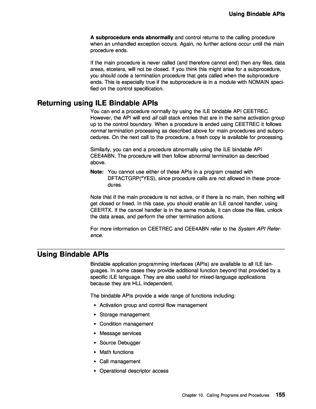 IBM AS/400 manual Using Bindable APIs, Returning using ILE Bindable 
