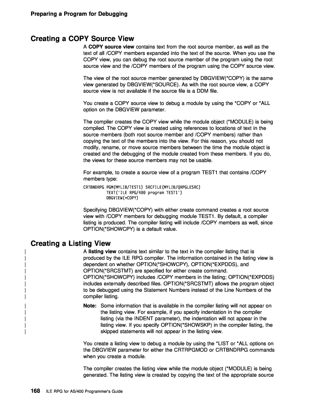 IBM AS/400 manual a Listing View, Creating a COPY Source, Preparing a Program for Debugging 