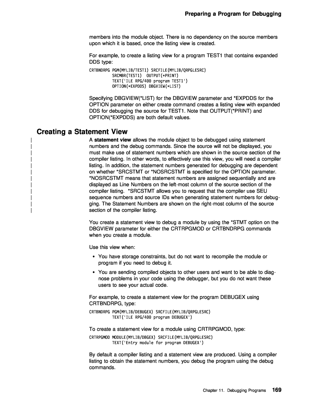 IBM AS/400 manual a Statement, View, Program for Debugging, Creating 