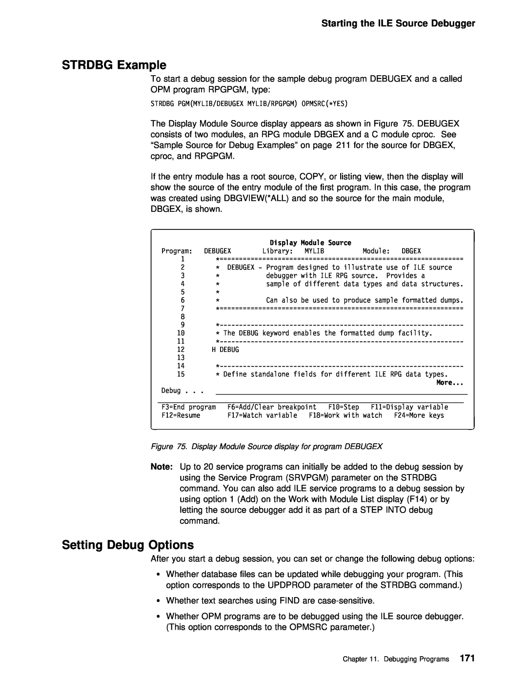 IBM AS/400 manual STRDBG Example, Setting Debug Options, Starting the ILE Source Debugger 