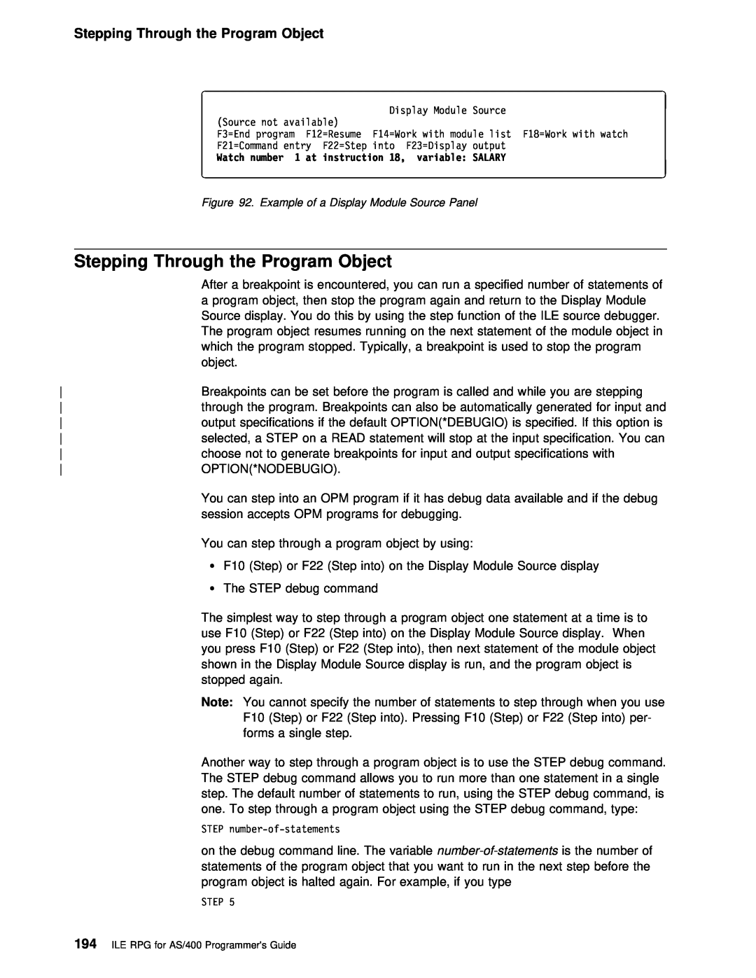 IBM AS/400 manual Stepping Through the Program Object 