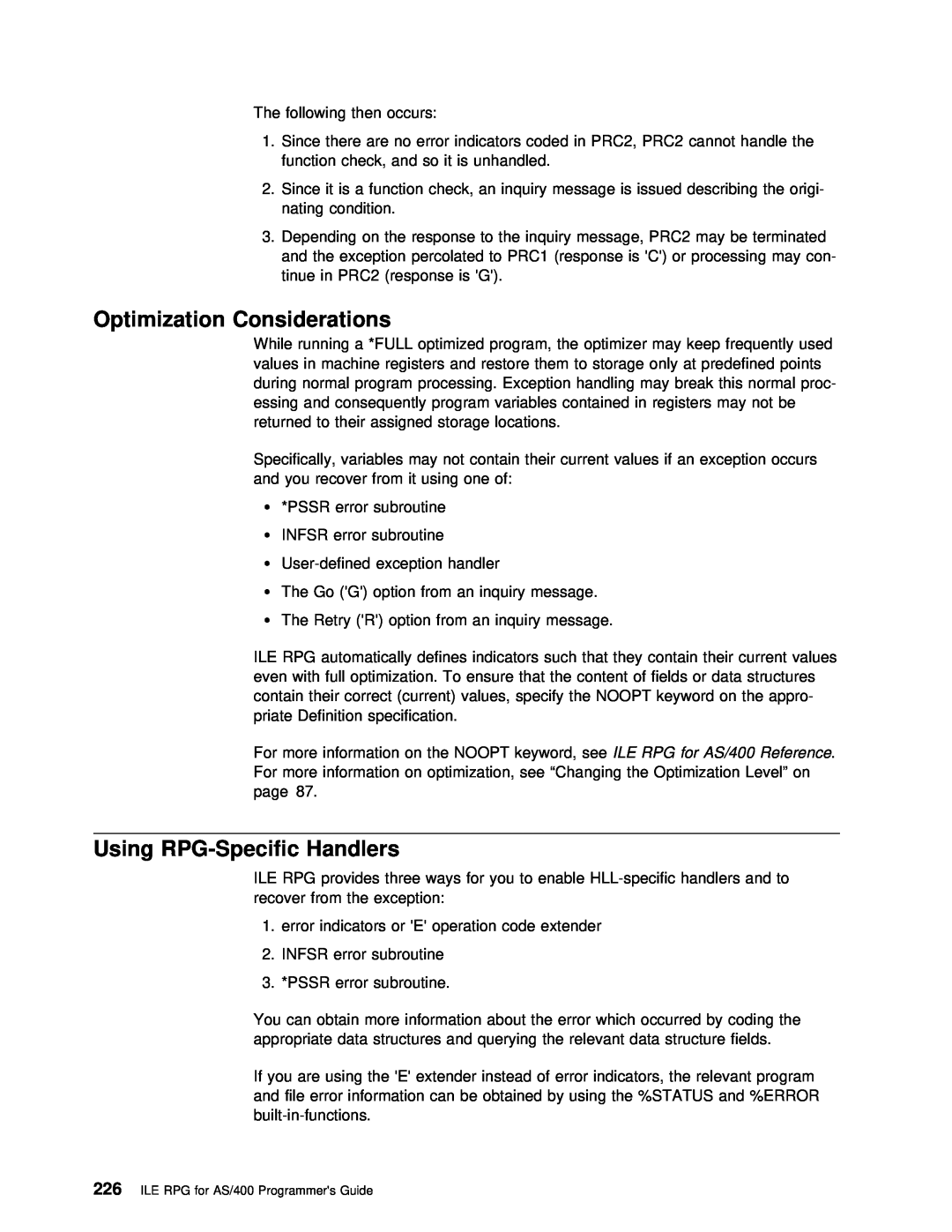 IBM AS/400 manual Optimization Considerations, Using RPG-Specific Handlers, keyword, ILE 