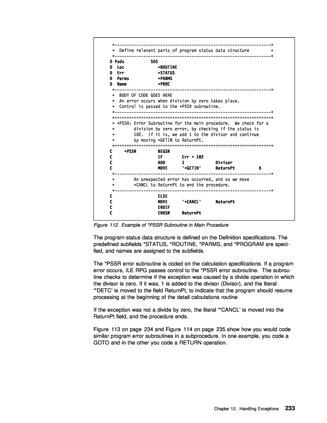 IBM AS/400 manual Example of *PSSR Subroutine in Main Procedure, ‘*Detc’, Handling Exceptions233 