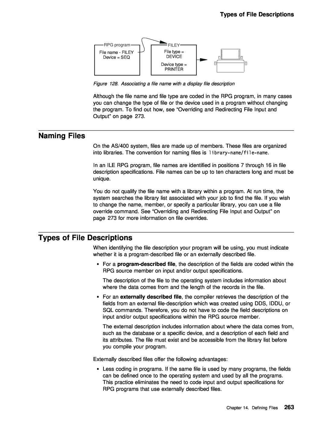 IBM AS/400 manual Naming Files, Types of File Descriptions 