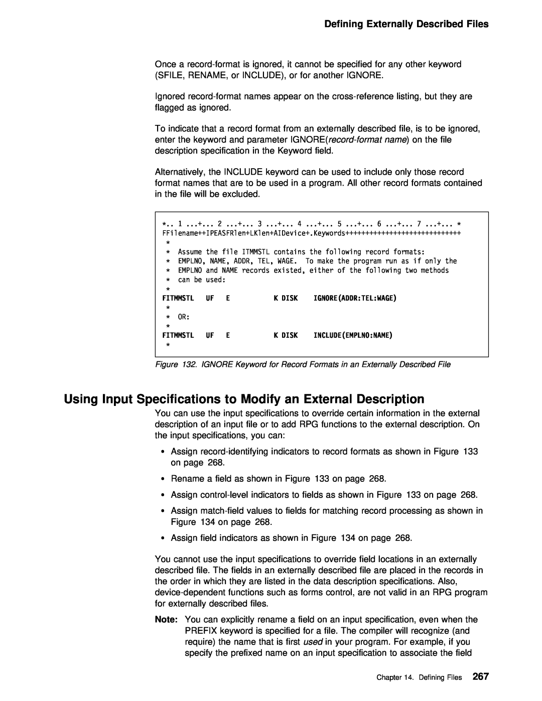 IBM AS/400 manual Modify an, Description, Using Input Specifications, Defining Externally Described Files 