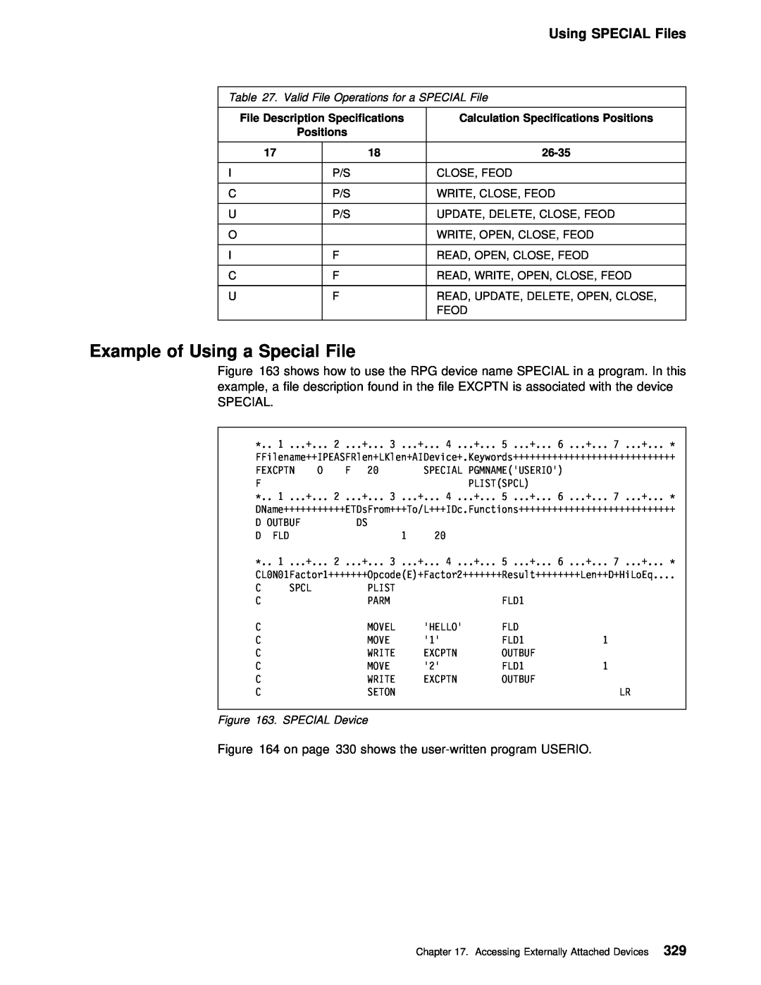 IBM AS/400 manual Example of Using a Special File, SPECIAL Files, Specifications, Positions, 26-35 