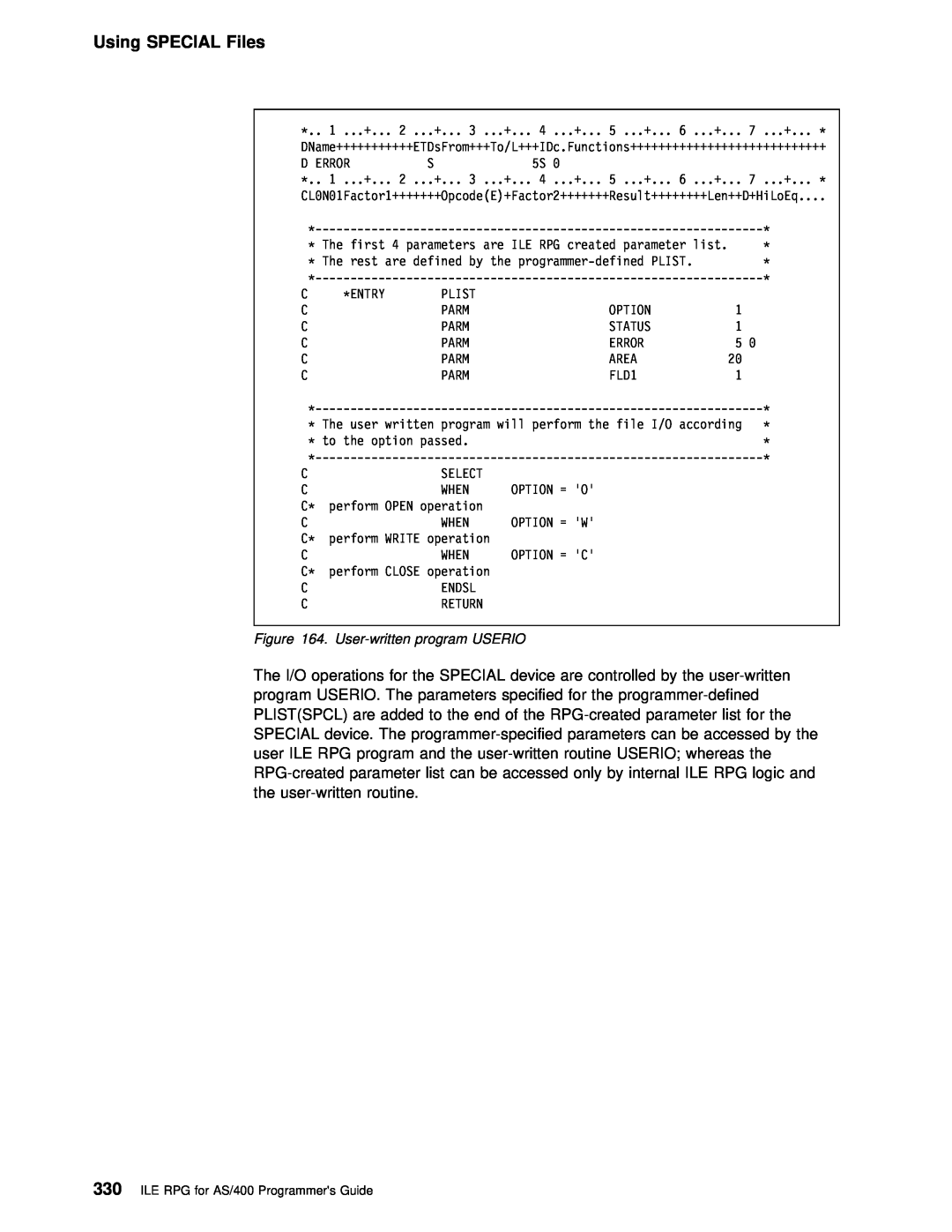 IBM AS/400 manual Using SPECIAL Files, User-written program USERIO, Plistspcl 