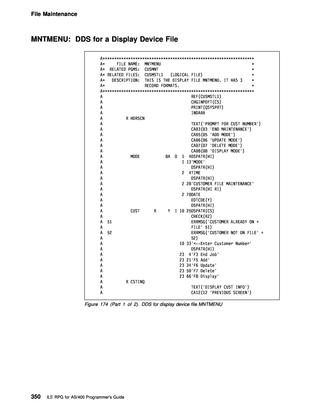 IBM AS/400 manual Display, File Maintenance, Device, Mntmenu Dds 