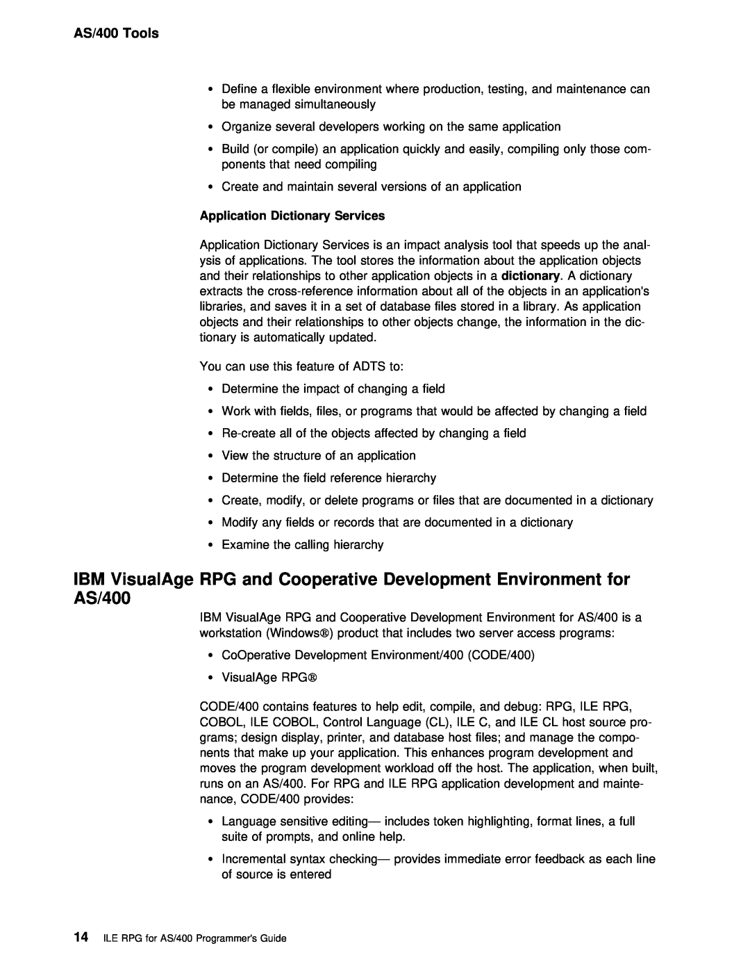 IBM manual IBM VisualAge RPG and Cooperative Development Environment for AS/400, AS/400 Tools 