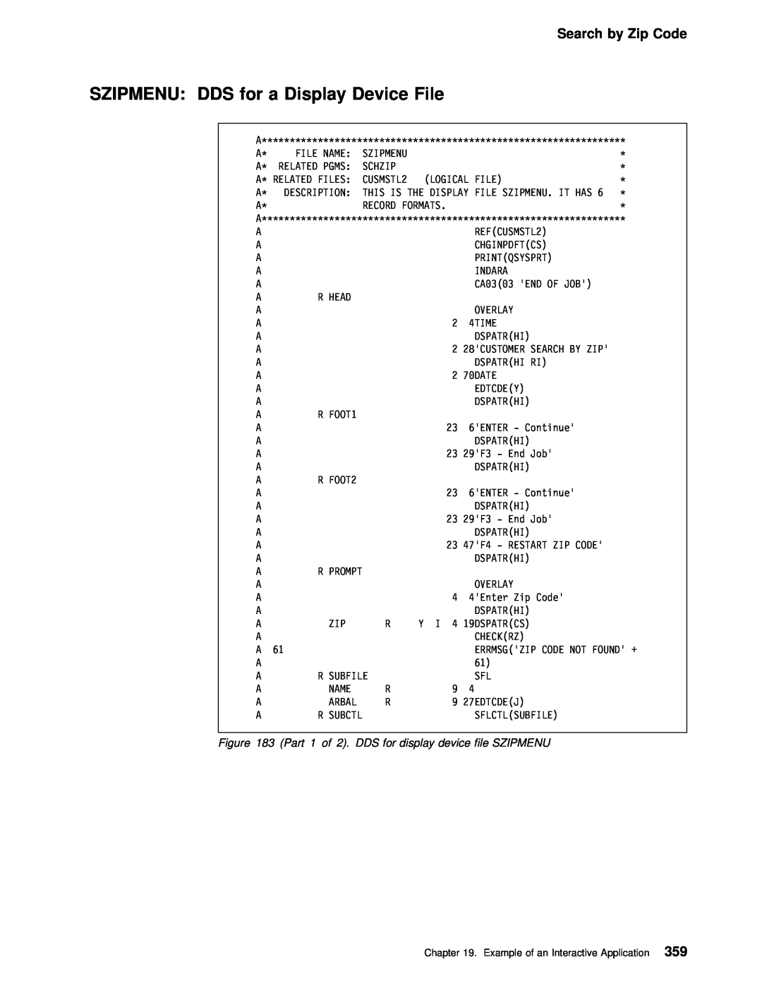 IBM AS/400 manual Szipmenu Dds, Display, File, Device, Search by Zip Code 