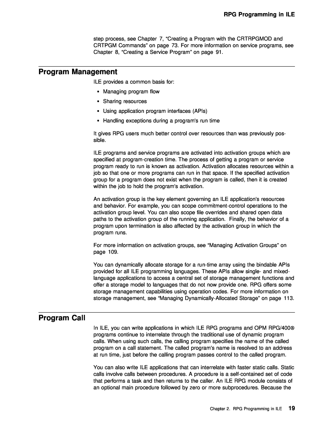 IBM AS/400 manual Program Management, Program Call, in ILE 
