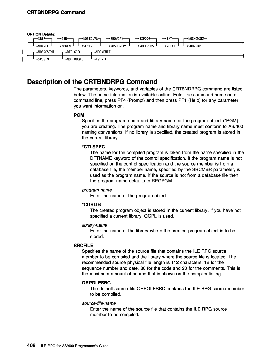 IBM AS/400 manual Description of the CRTBNDRPG Command, OPTION Details 