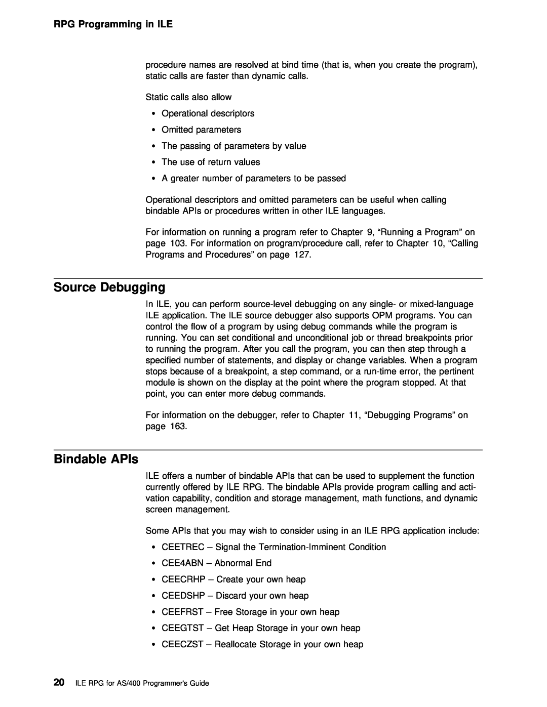IBM AS/400 manual Source Debugging, Bindable APIs, RPG Programming in ILE, shown 