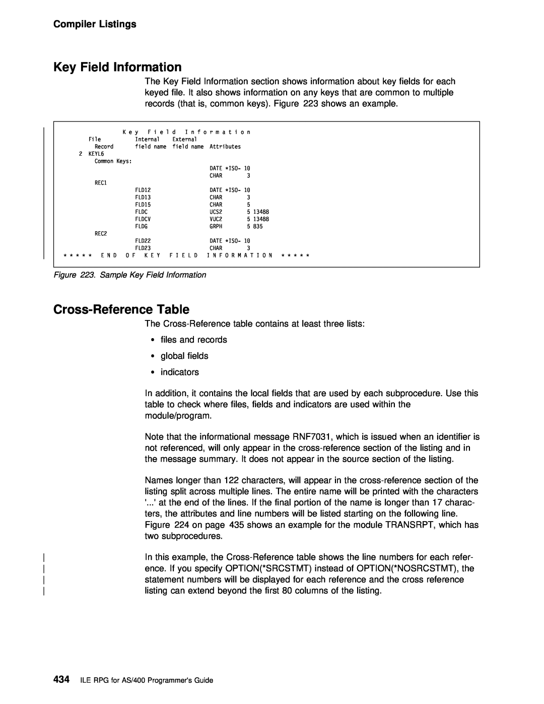 IBM AS/400 manual Cross-Reference Table, Compiler Listings, Sample Key Field Information 