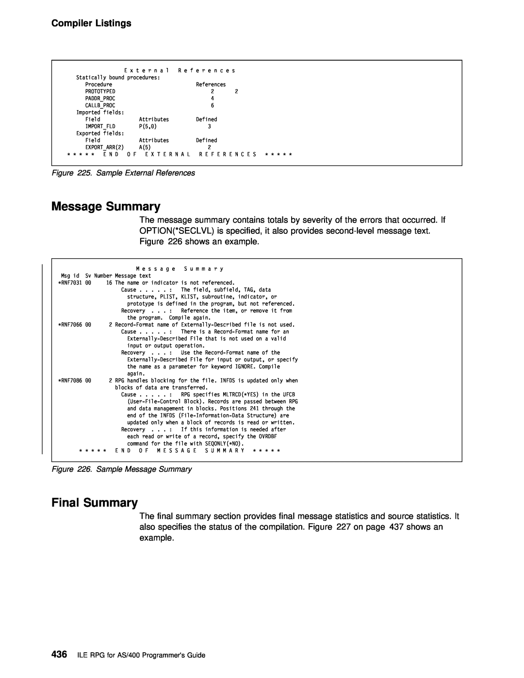 IBM AS/400 manual Final Summary, Compiler Listings, Sample External References, Sample Message Summary 