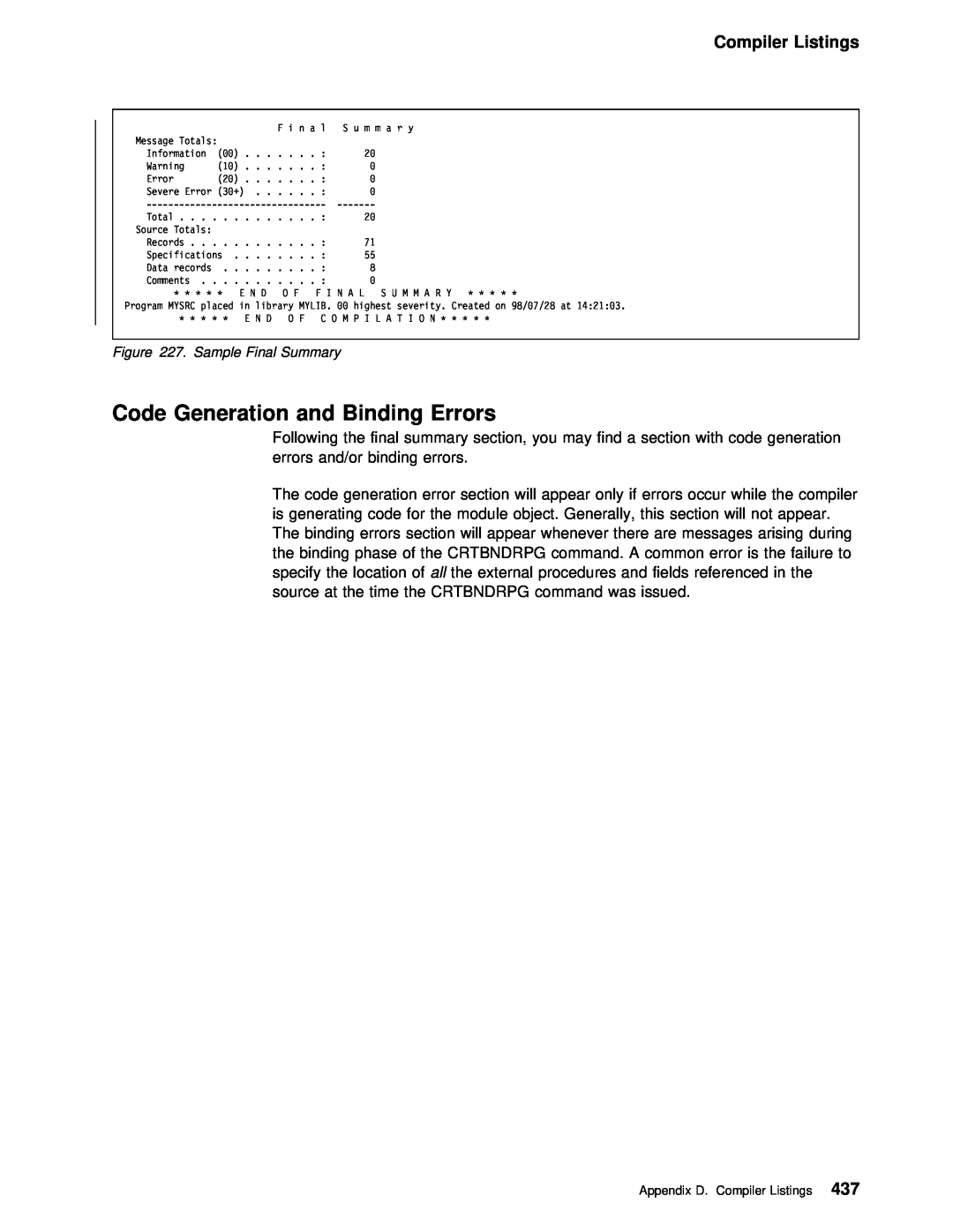 IBM AS/400 manual Code Generation and Binding Errors, Compiler Listings, Sample Final Summary 