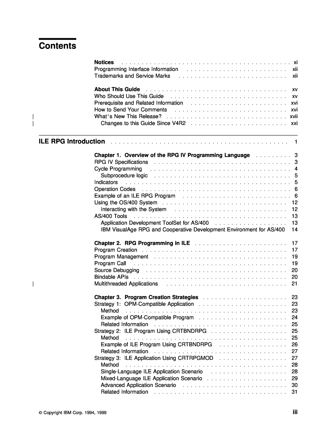 IBM AS/400 manual Contents, RPG Introduction 